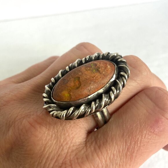 VTG Sterling Silver 925 Heavy Chunky Oval Mexican Fire Opal Boulder Opal Ring - Picture 3 of 16